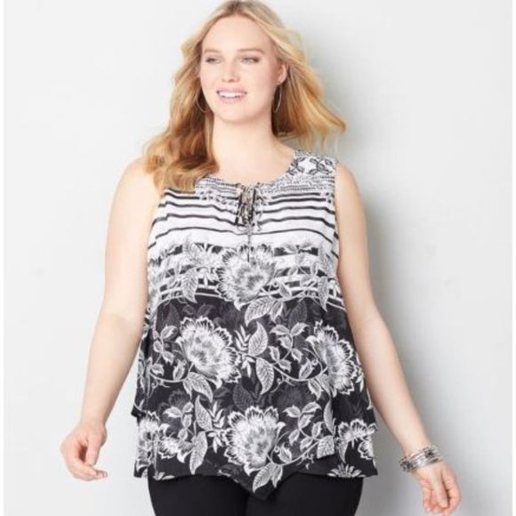 NEW Avenue 30/32 Floral Striped Layered Tank Top Black & White - Picture 16 of 16